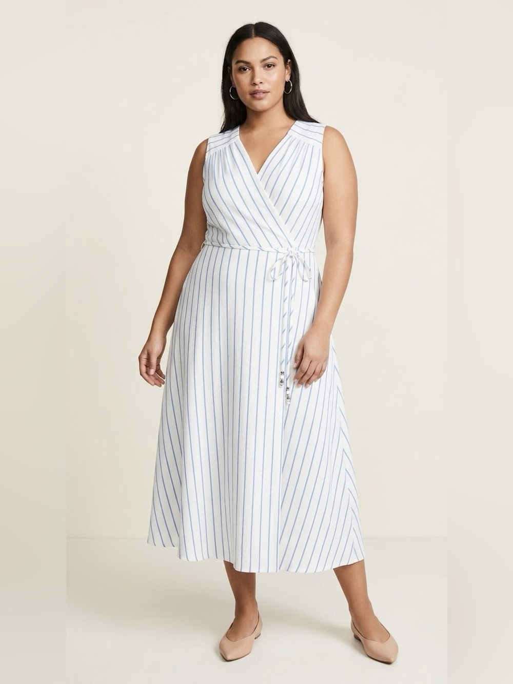 Calvin Klein White Blue Striped Wrap Midi Dress Size 6 Seersucker Belted